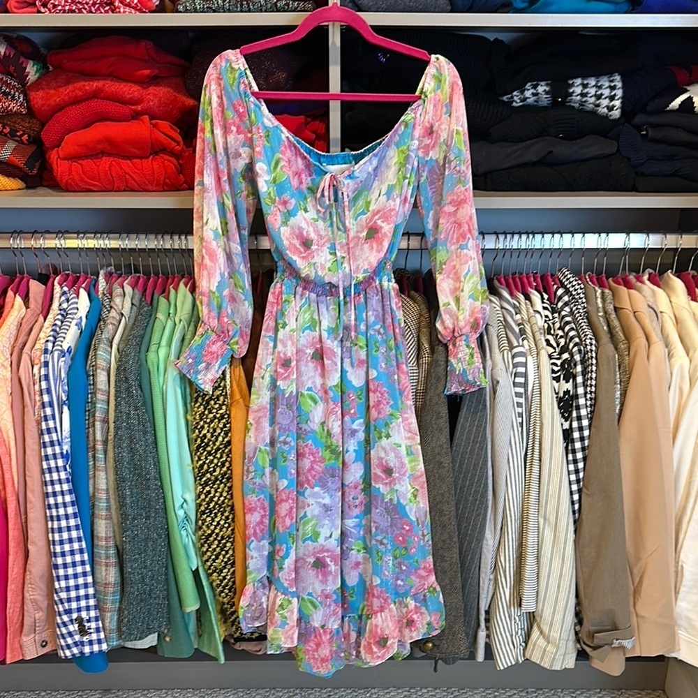 Chandler Henry multicolored floral long sleeve smocked waist/cuff midi dress XS